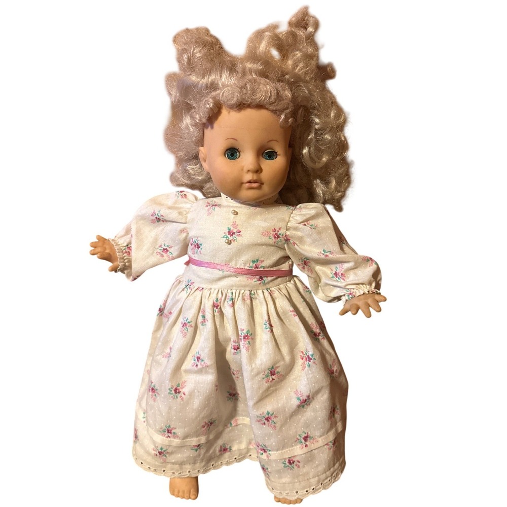 Vintage Eugene Doll Co Baby Doll Blue Sleep Eyes Floral Dress Curly Hair